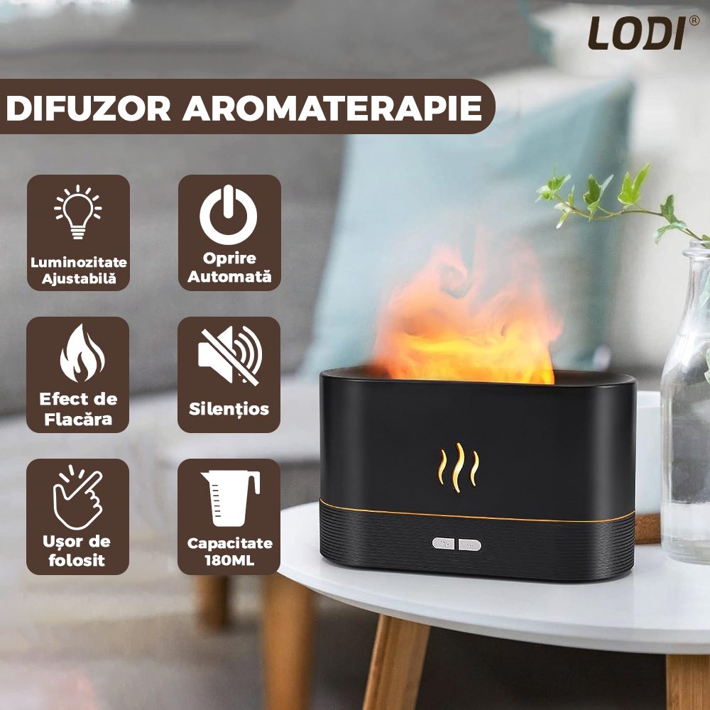 Difuzor Aromaterapie Lodi218, Efect Flacara, 2 trepte de luminozitate, oprire automata, capacitate 180ml, silentios, umidifica aerul, negru