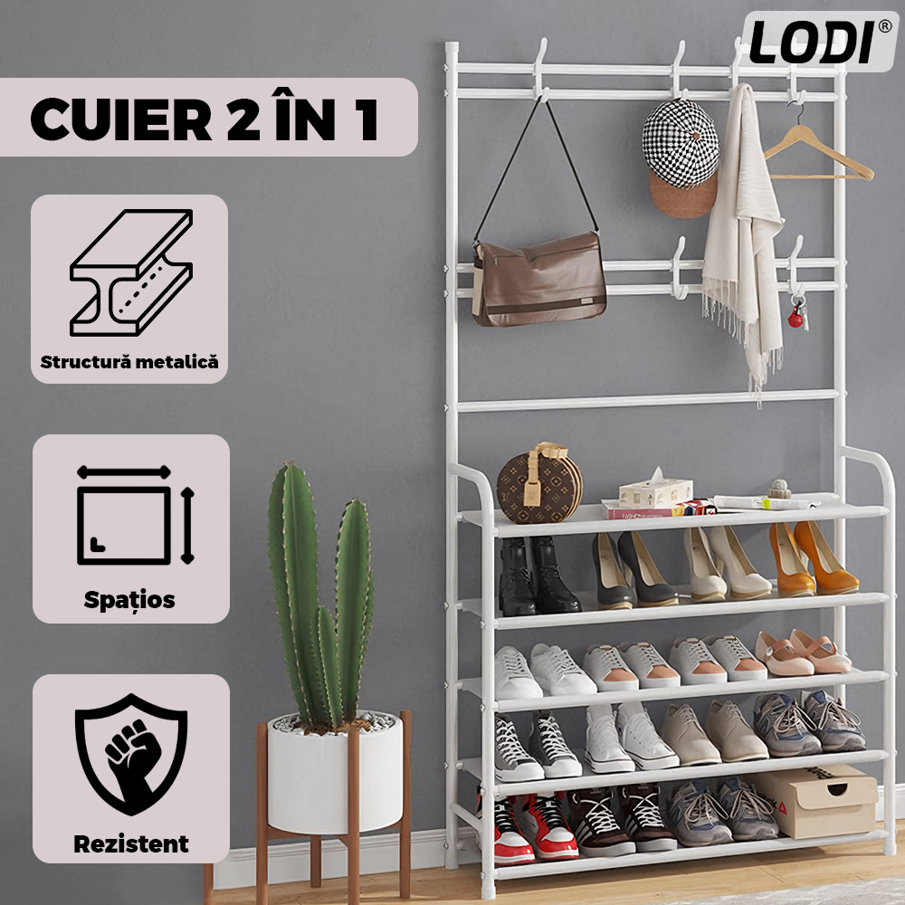 Cuier pentru Haine 2 in 1 cu Pantofar Lodi1127, 5 rafturi, 8 agatatoare duble, plasa textila, metalic, 60 x 170 x 26 cm, alb