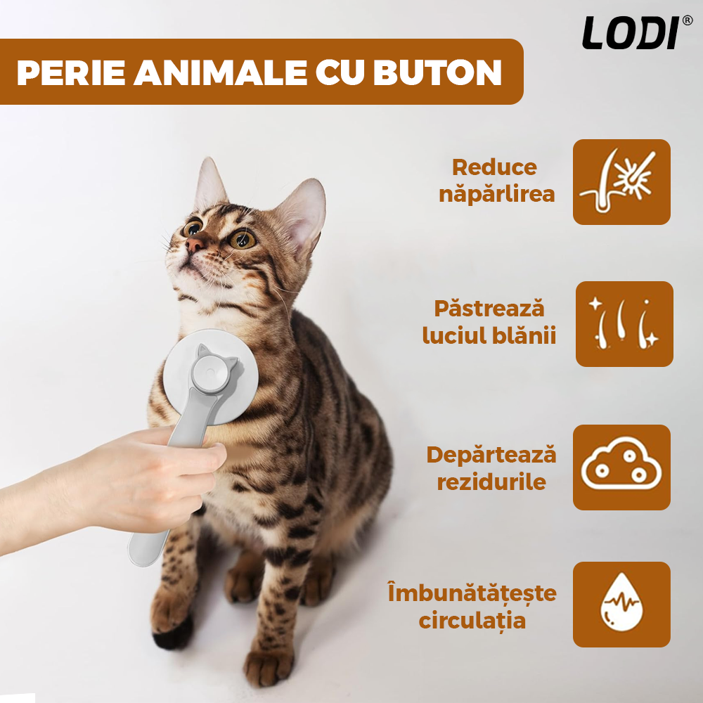 Perie pentru Curatarea si Ingrijirea Animalelor Lodi1129, buton auto-curatare, descalcire si prevenire naparlire, ingrijire si tundere blana, materiale calitative, 18.5 x 7.5 cm, alb