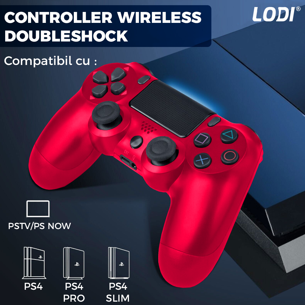 Controller Wireless DoubleShock Lodi1196, compatibil cu PS4, joystick-uri analog, vibratie dubla, baterie performanta, rosu