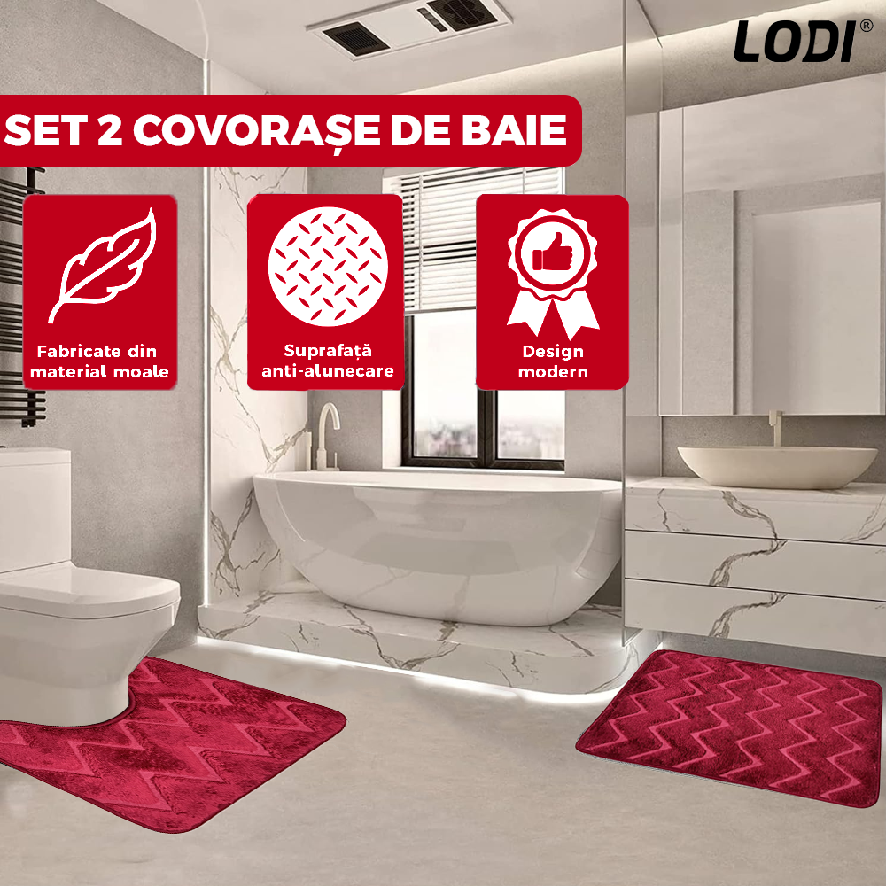 Set 2 Covorase de Baie Lodi1018, anti-derapante, material moale, design modern, model romburi, 80x50 & 50x40cm, rosu