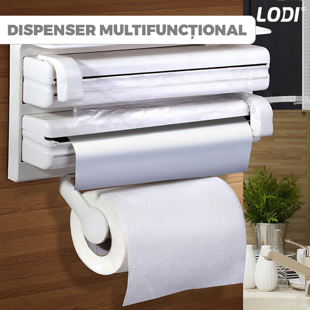 Dispenser de Bucatarie Multifunctional Lodi1491, 4 in 1, pentru folie alimentara/ folie de aluminiu/ hartie de copt si servetele, rezistent, montare usoara cu suruburi, compatibil cu diverse dimensiuni de role, alb