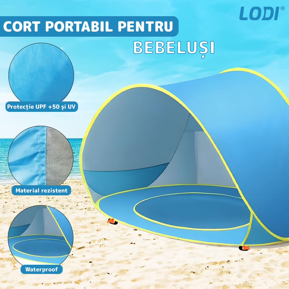 Cort Portabil de Vara pentru Bebelusi Lodi1097, adapost impermeabil pentru plaja, cu piscina, protectie UV si UPF 50+, multifunctional, 117x79x70 cm, albastru deschis