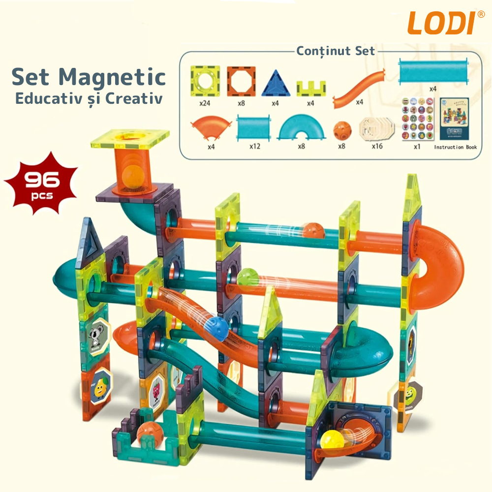 Set Inteligent si Creativ Magnetic 3D Lodi113, 96 Piese, traseu cu bile, creativ, numeroase posibilitati de construit, dezvoltarea abilitatilor motrice si a imaginatiei, multicolor
