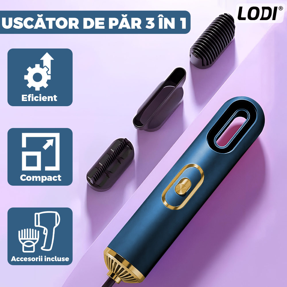 Uscator Profesional de Par 3 in 1 Lodi1085, aparat multifunctional coafare si uscare, 3 accesorii incluse, 1200W, albastru