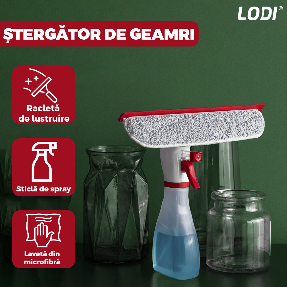 Stergator de Geamuri Multifunctional tip Sticla Lodi707, laveta detasabila, racleta pentru curatare si lustruire, sticla de spray incorporata, rosu