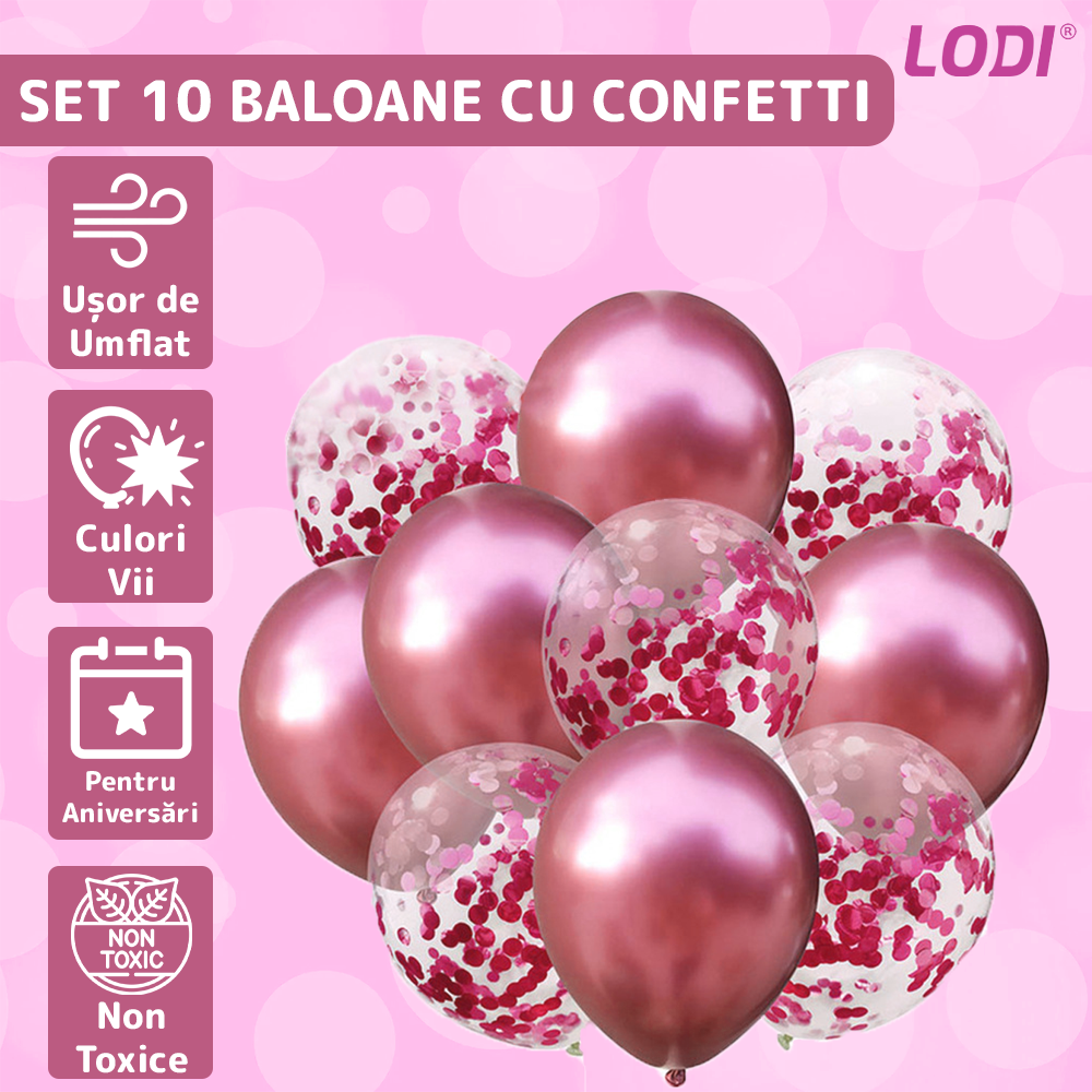 Set 10 Baloane Lodi726, Confeti, pentru Petreceri/Aniversari/Evenimente, o singura dimensiune, 2 culori, latex, roz