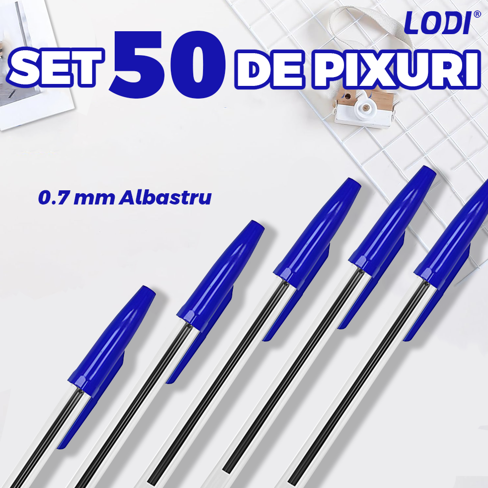 Set 50 de Pixuri Lodi1508, tip ballpoint, material rezistent, durabile, rezistente in timp, cap 0.7 mm, scriere neteda cu uscare rapida, cu capac, corp de plastic, albastru