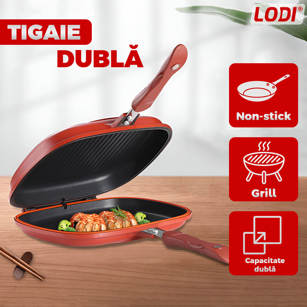 Tigaie Dubla cu Presiune Lodi1216, doua fete, pliabila, pluristratificata, invelis din ceramica, pentru griil sau gatit clasic, rosu/negru