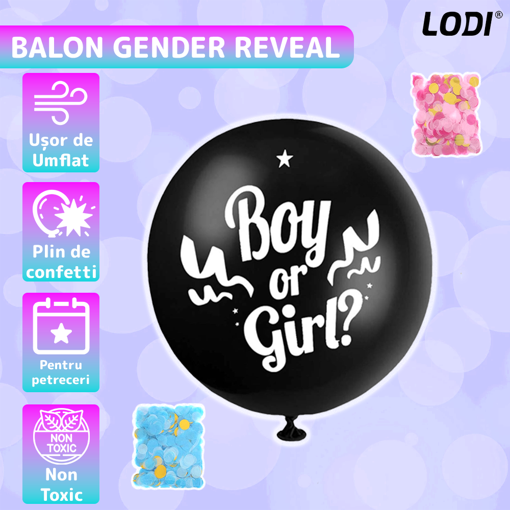 Balon Gender Reveal Lodi1058, pentru Petreceri/Evenimente/Botezuri, confetti in 2 culori, negru