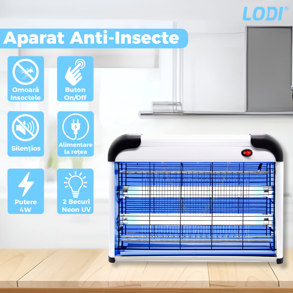 Aparat Electric Anti-Insecte Lodi1170, 4W, Insectocutor cu 2x tuburi ultraviolete, raza de actiune 200 m², unghi de propagare 360º, design modern, alb/negru