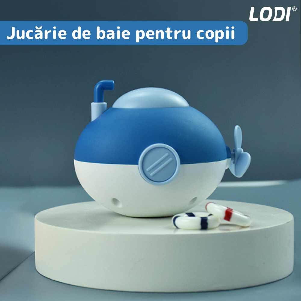 Jucarie de Baie pentru Copii Lodi126, Submarin Inotator, interactiv, fara baterii, mecanism cu cheita, 8x11x8.5cm, albastru