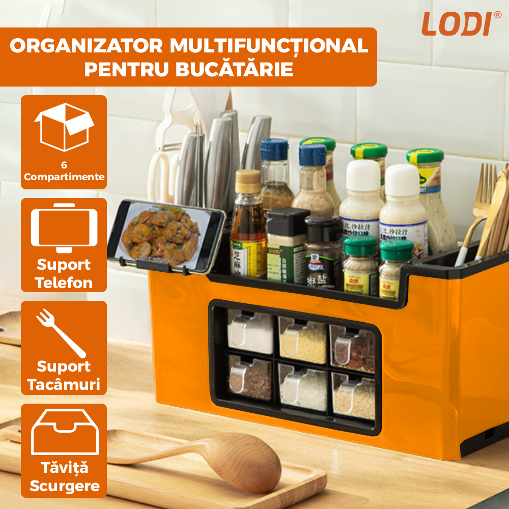 Organizator Multifunctional pentru Bucatarie Lodi601, 6 Compartimente, raft condimente, suport detasabil telefon, tavita de scurgere, suport tacamuri/ustensile, portocaliu