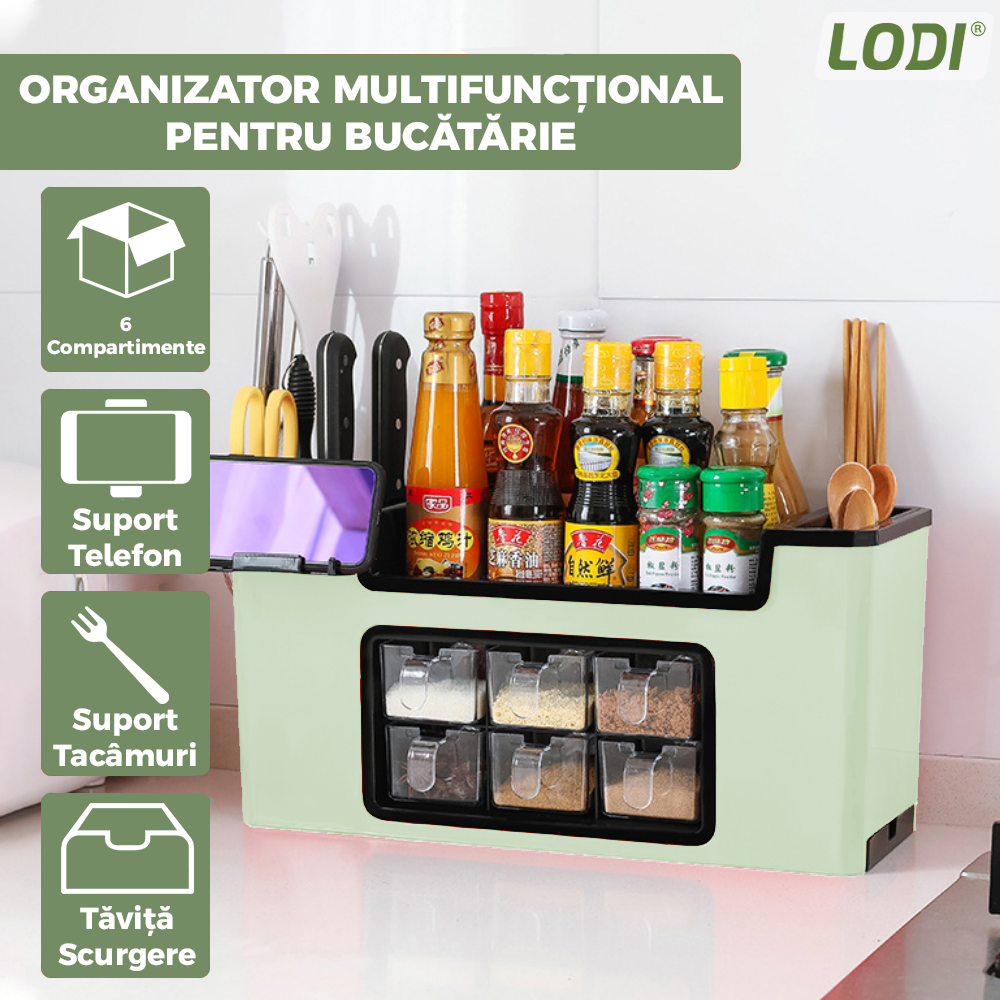 Organizator Multifunctional pentru Bucatarie Lodi683, 6 Compartimente, raft condimente, suport detasabil telefon, tavita de scurgere, suport tacamuri/ustensile, verde deschis