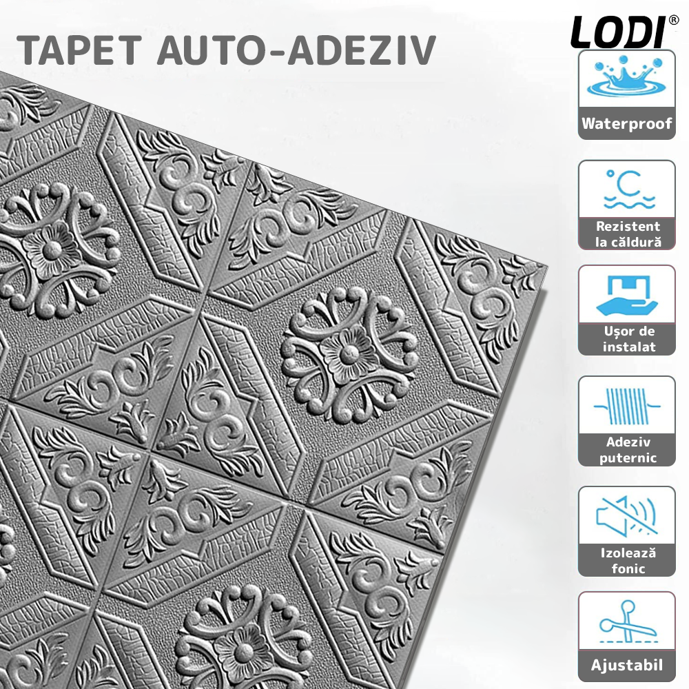 Set 10x Tapet 3D Lodi779, suprafata acoperire 4.9 mp, autoadeziv, Model Floral Carou, perete/tavan, waterproof, usor de montat, design modern, 70x70 cm, gri
