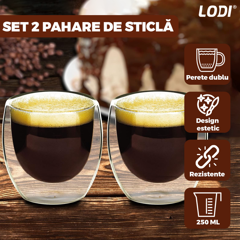 Set 2 Pahare din Sticla cu Perete Dublu Lodi999, termorezistente, design modern, capacitate 250 ml, 9 x 8 cm