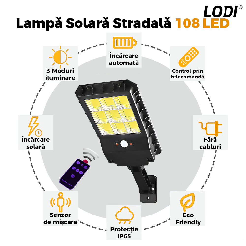 Lampa Solara Stradala 108 LED-uri Lodi863, control prin telecomanda, senzor de miscare, 3 moduri de iluminare, protectie IP65, Waterproof, exterior, negru