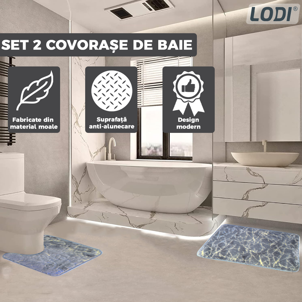 Set 2 Covorase de Baie Lodi446, anti-derapante, material moale, design modern, finisaj auriu, Model 16, 80x50 & 50x40cm, gri