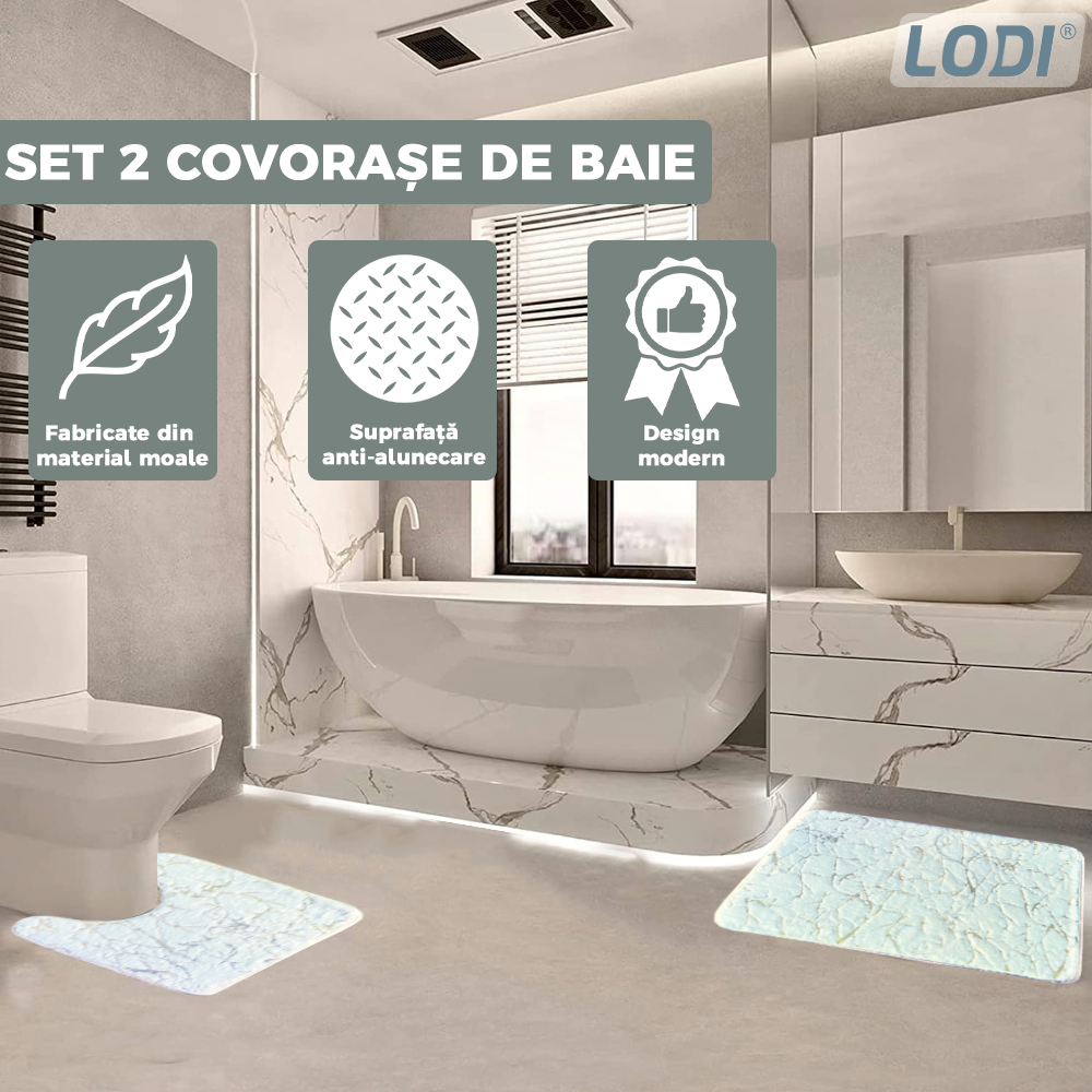 Set 2 Covorase de Baie Lodi445, anti-derapante, material moale, design modern, finisaj auriu, Model 15, 80x50 & 50x40cm, alb albastrui