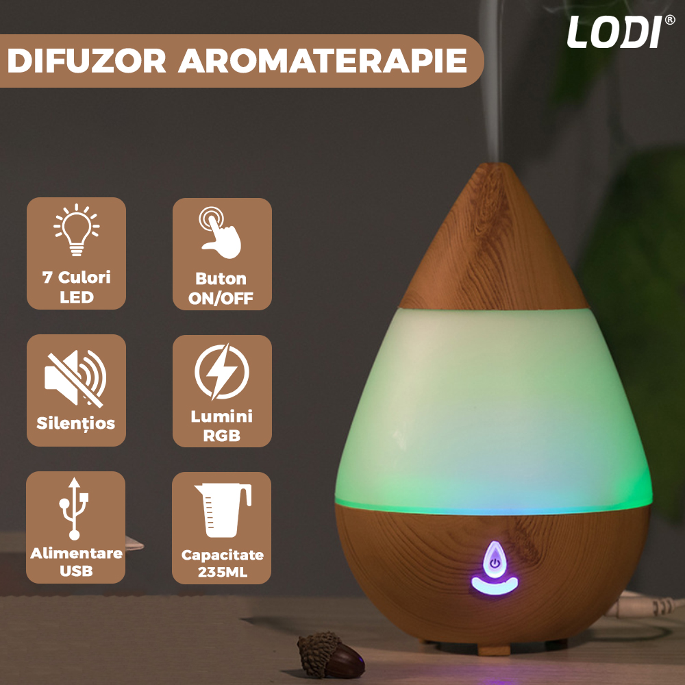 Difuzor Aromaterapie Lodi214, 7 culori LED, lumini dinamice, buton on/off, capacitate 235ml, silentios, umidifica aerul, stejar deschis