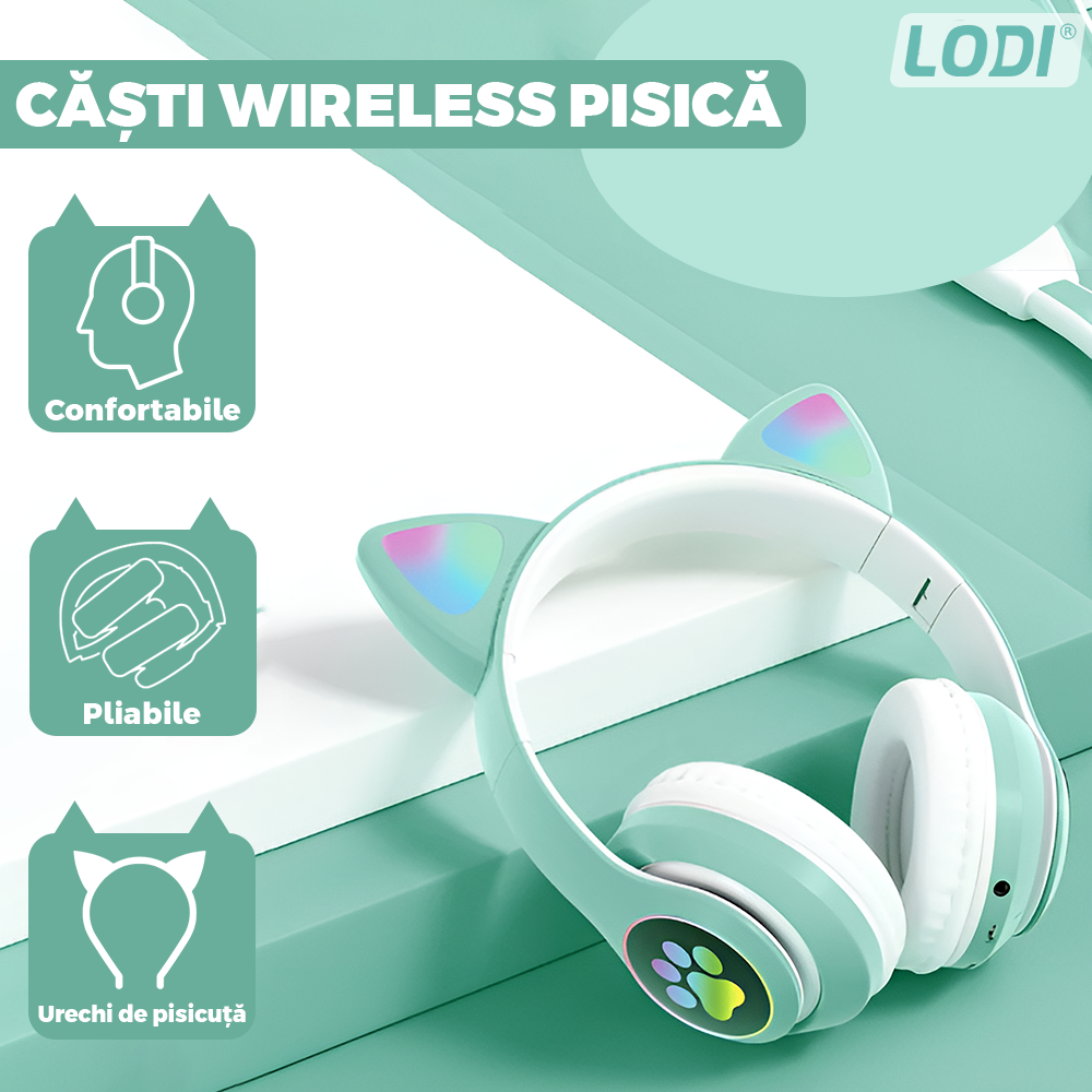 Casti Wireless Model Pisica Lodi948, STN-28, overear, urechi de pisica cu iluminare RGB, bluetooth 5.0, handsfree, HiFi, bass stereo, turcoaz