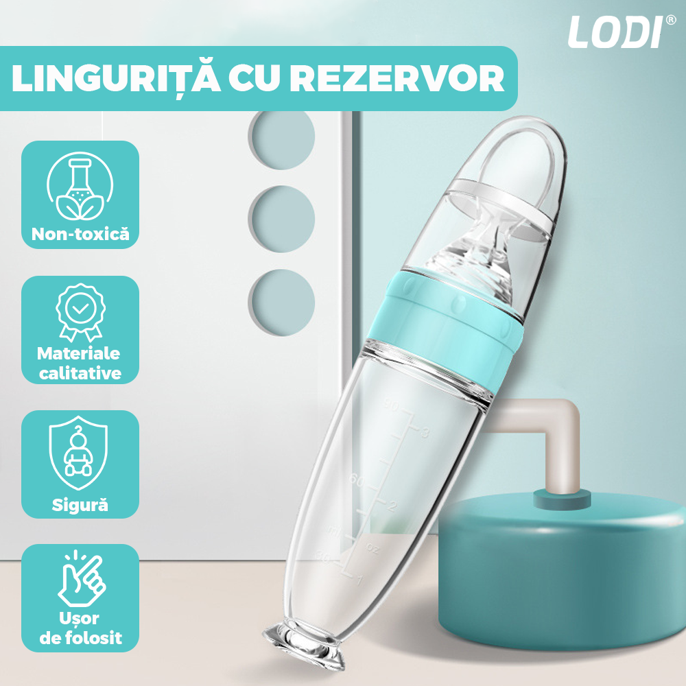 Lingurita de Silicon cu Rezervor Lodi418, polipropilena, fara BPA, termorezistenta, portabila, recipient gradat, 20.3 cm, albastru