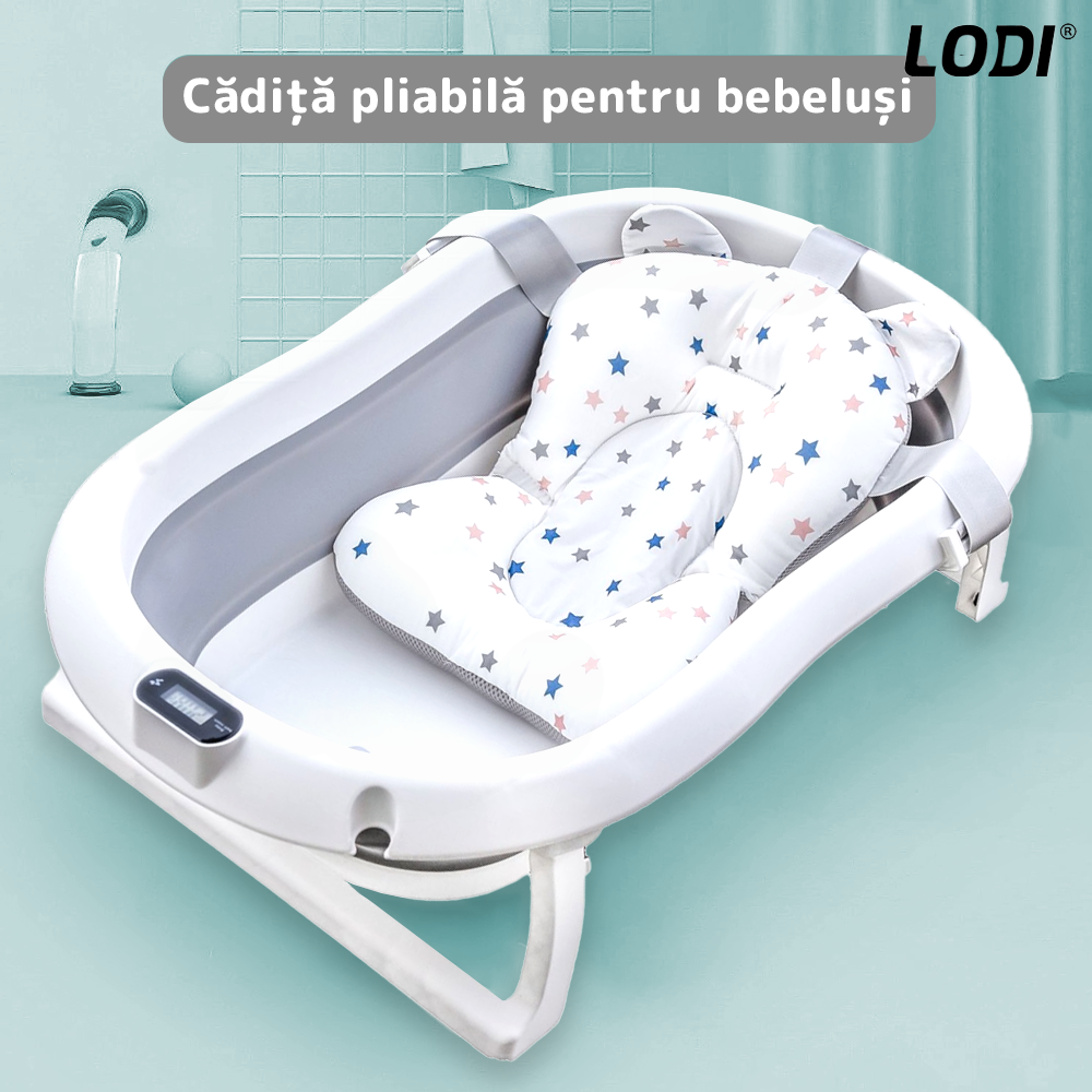Cadita cu Pernuta pentru Bebelusi Lodi1313, casca de protectie inclusa, termometru digital incorporat, pliabila, dop de scurgere, picioare anti-alunecare, design ergonomic, 75 x 45 x 22 cm, gri cu stelute