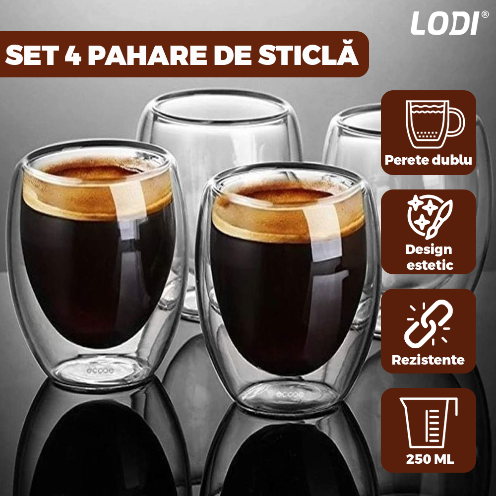 Set 4 pahare din sticla cu perete dublu Lodi419, termorezistente, design modern, capacitate 250 ml, 9 x 8 cm