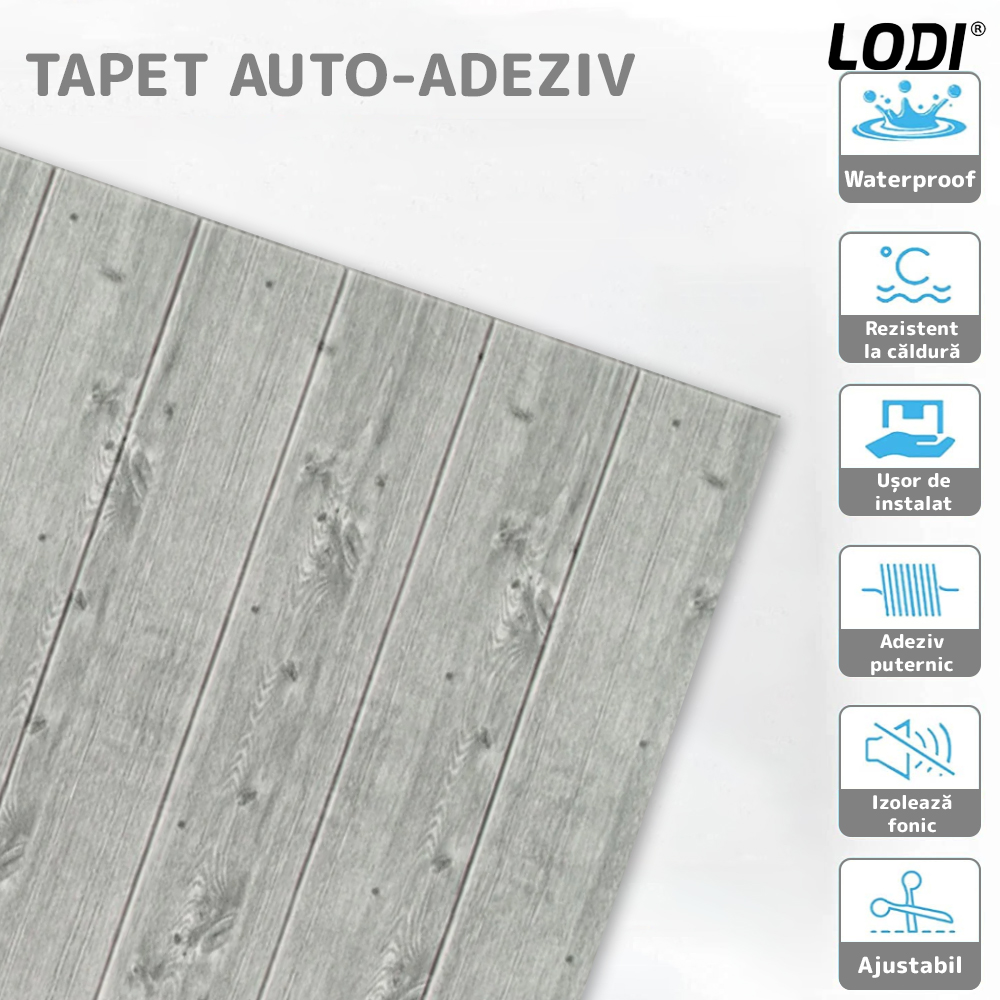 Set Tapet Panou 3D Lodi93, Model Lemn, suprafata acoperire 4.9 mp, autoadeziv, waterproof, usor de montat, design modern, 70x70 cm, gri