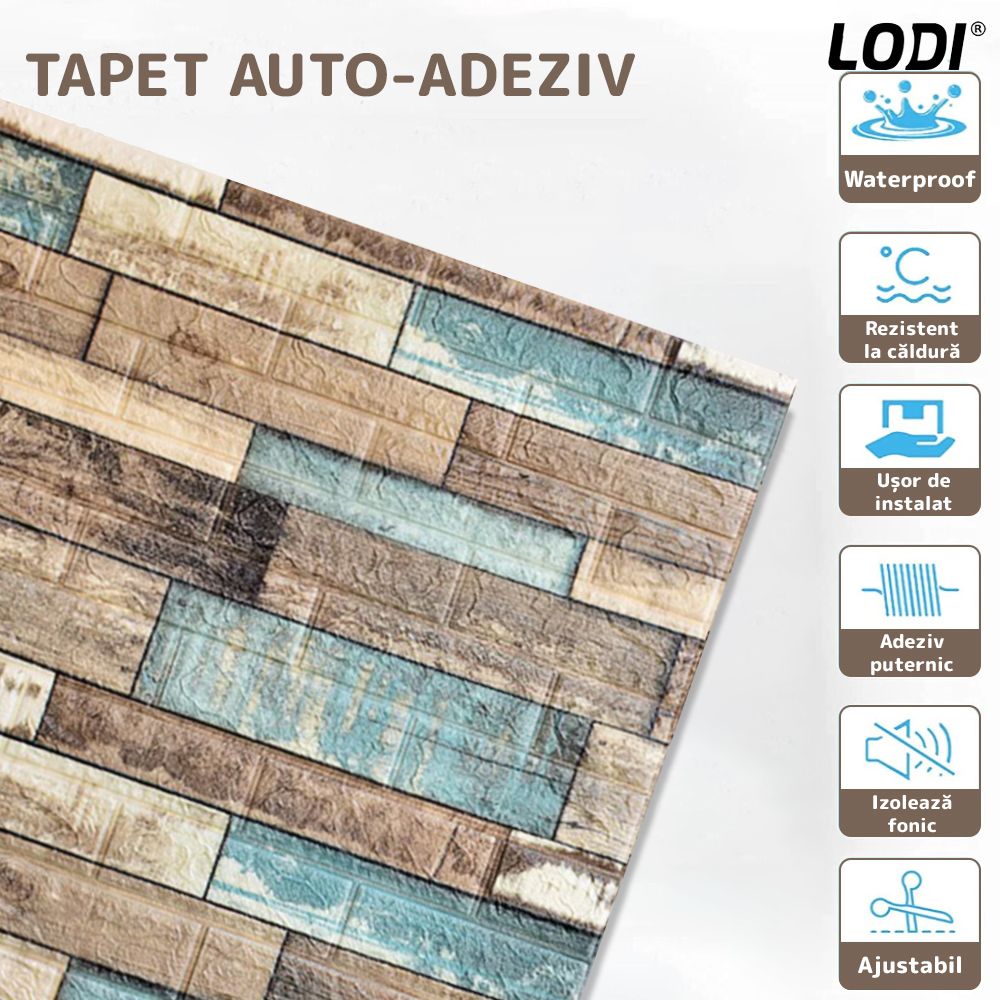 Set Tapet 3D Lodi81, Model Lemn, suprafata acoperire 5.3 mp, autoadeziv, waterproof, usor de montat, design modern, 70x77 cm, multicolor