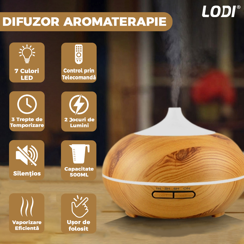 Difuzor Aromaterapie Lodi213, 7 culori LED, 2 jocuri de lumini, control prin telecomanda, capacitate 500ml, silentios, umidifica aerul, stejar deschis