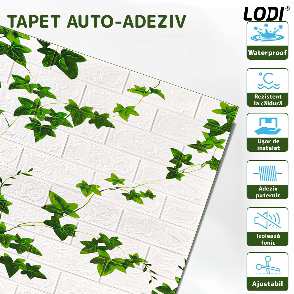 Set 10x Tapet Caramida 3D Lodi1090, model Iedera, suprafata acoperire 4.9 mp, autoadeziv, waterproof, usor de montat, design modern, 70x70 cm, alb