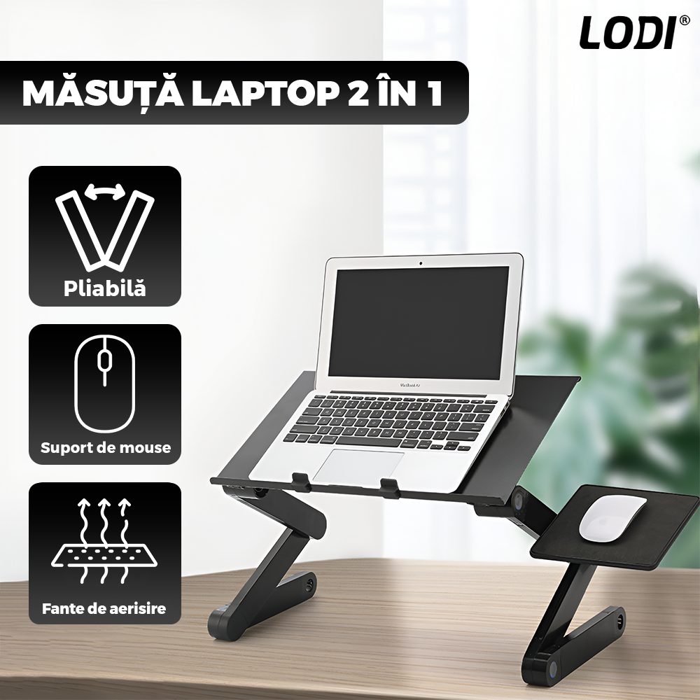 Masuta pentru Laptop 2 in 1 Lodi1451, reglabila pe inaltime, fante de aerisire, suport reglabl pentru mouse, multifunctionala, versatila, 42 x 26 cm, negru