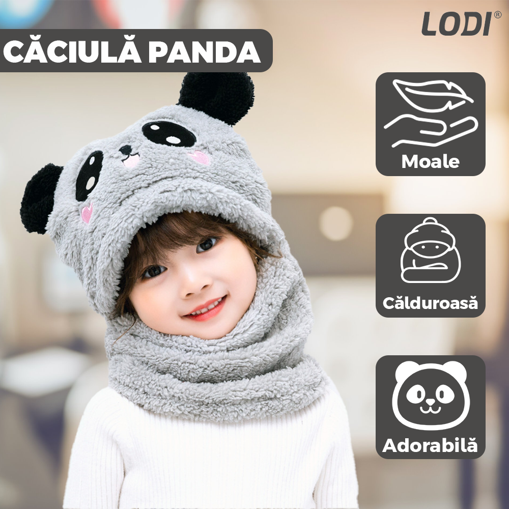 Caciula Pentru Copii Tip Cagula Lodi520, 2 in 1, tematica lumea animalelor, model ursulet panda zambitor, 1-5 ani, gri