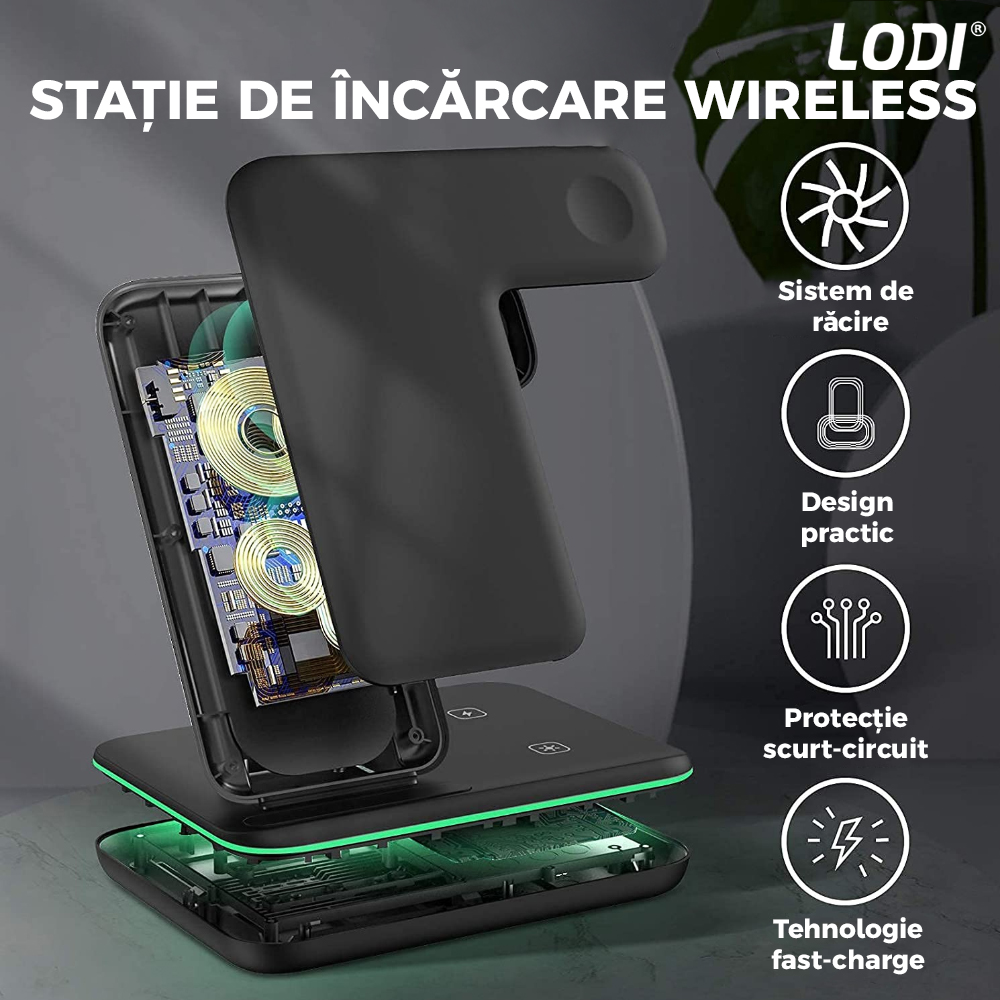 Incarcator Wireless Lodi9, Statie de Incarcare 3in1, LED indicator inteligent, Fast Charge, incarcare rapida, compatibilitate universala, negru