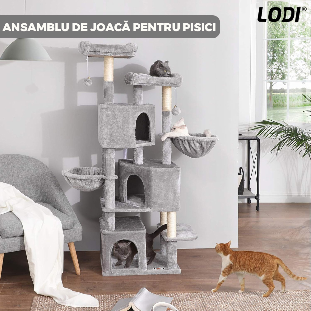 Ansamblu de Joaca pentru Pisici Lodi319, cu 3 platforme de observatie, 5 niveluri, 3 casute, franghie si minge de joaca, stalpi pentru zgariat, captuseala extra moale, structura stabila, 164 cm, gri deschis