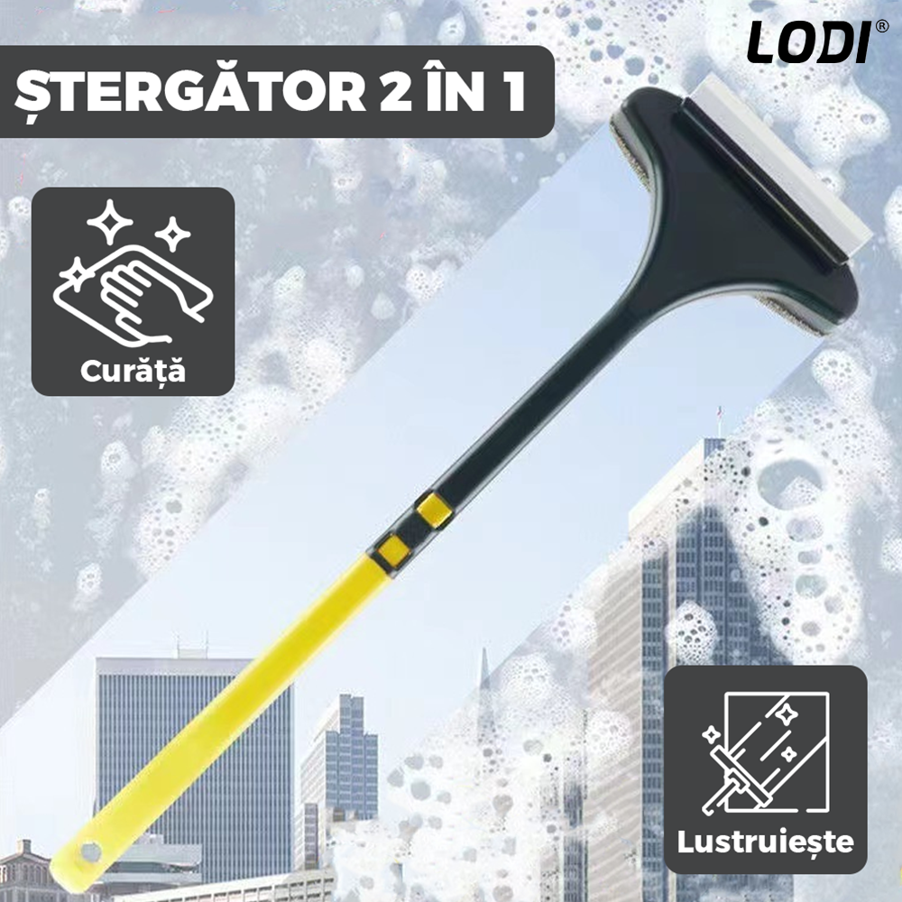 Stergator 2 in 1 Lodi1092, design dual cu laveta si racleta, maner detasabil, curatare si lustruire, ideal pentru toate tipurile de suprafete, gri/galben