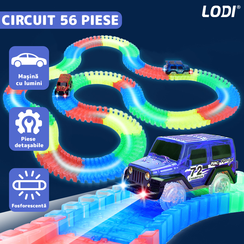 Circuit Masinute Lodi1071, 56 piese, pista iluminata configurabila, fosforescenta, masinuta cu lumini albastra, multicolor