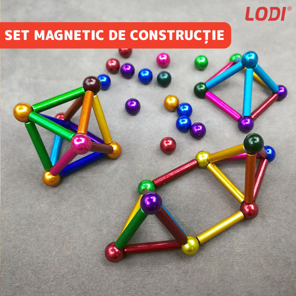Set de Constructii Magnetic Lodi459, joc indemanare, antistres, cutie de depozitare argintie, modele 3D, multicolor