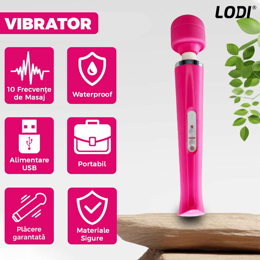 Aparat de Masaj Lodi1094, 10 Frecvente de Vibratii, waterproof, alimentare USB, portabil, elimina durerile musculare, roz