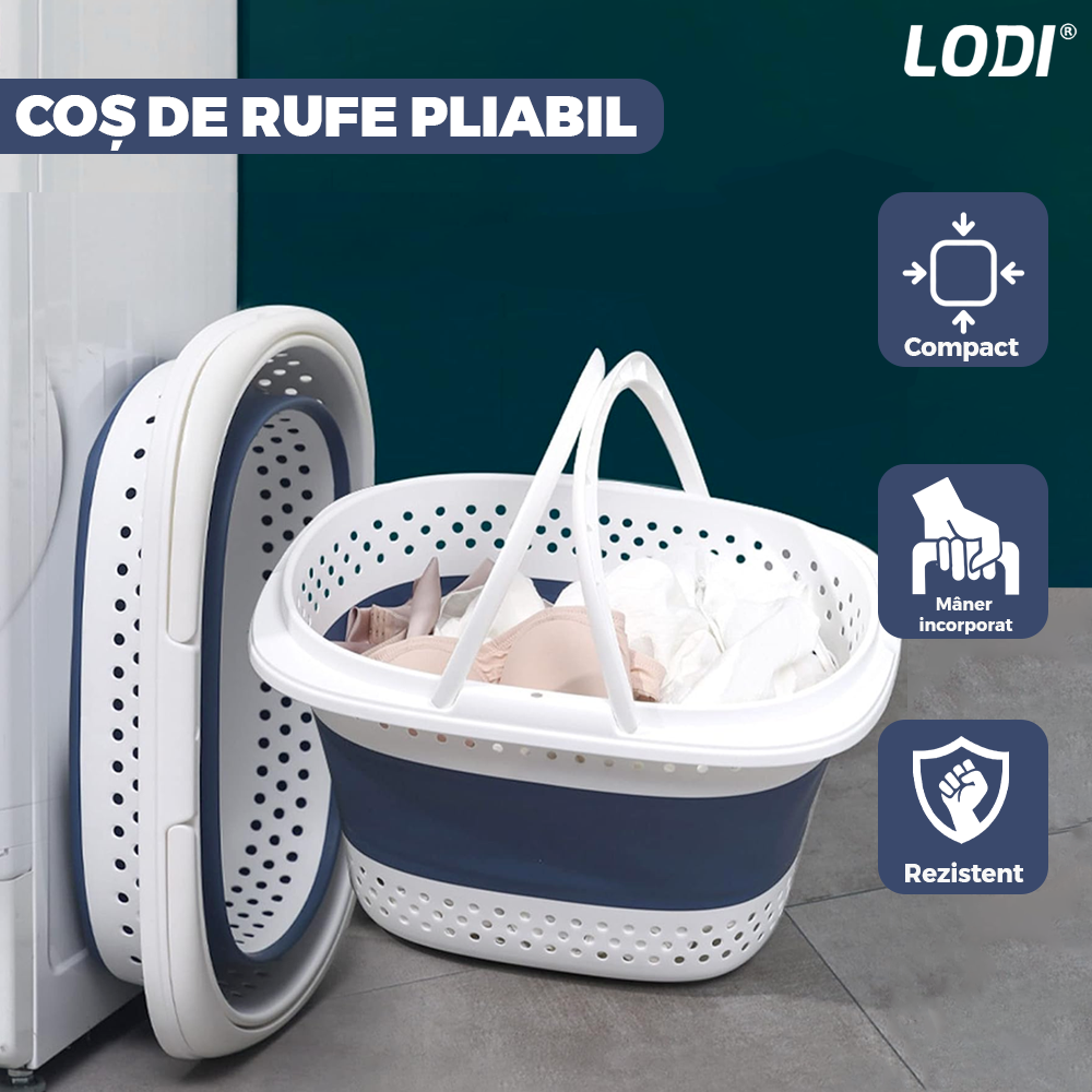 Cos de Rufe Pliabil Mic cu Manere Lodi942, organizare si depozitare, multifunctional, compact, 30 litri, 42 x 32 x 28 cm, albastru
