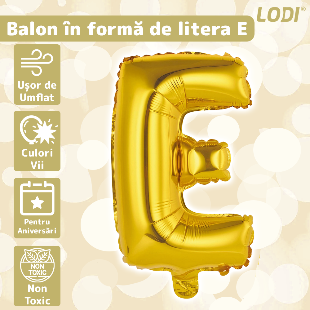 Balon in Forma de Litera E Lodi1468, metalizat, pentru Petreceri/Aniversari/Evenimente, rezistent, folie, gold, 40 cm