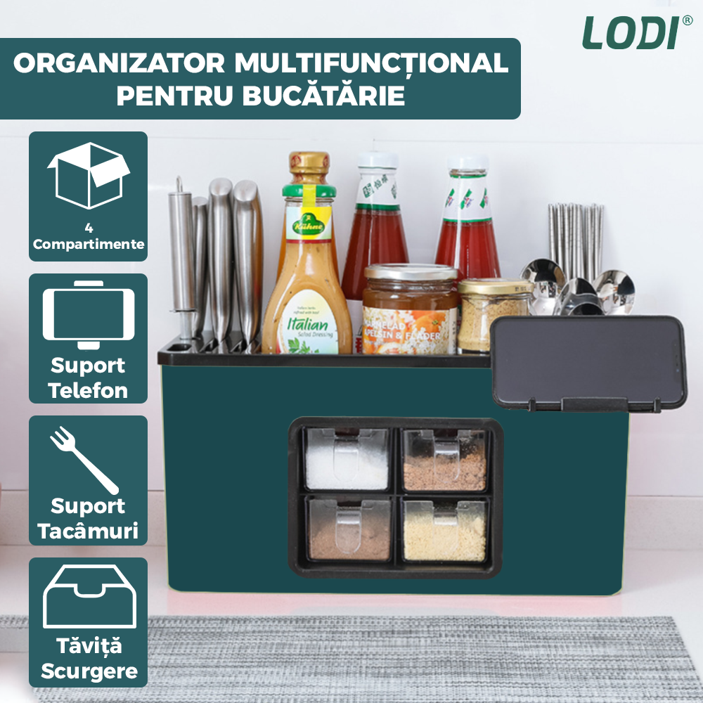 Organizator Multifunctional pentru Bucatarie Lodi537, 4 Compartimente, raft condimente, suport detasabil telefon, tavita de scurgere, suport tacamuri/ustensile, verde inchis