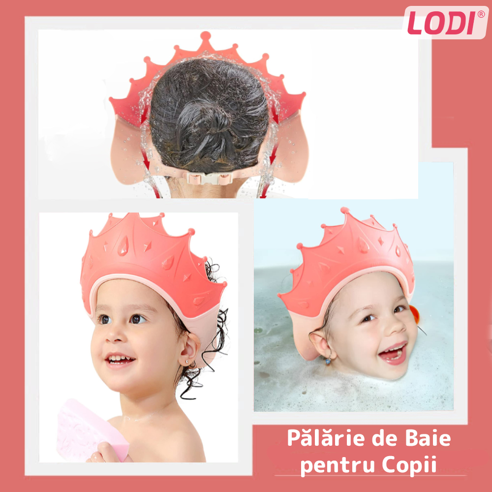 Palarie de Baie pentru Copii Lodi310, protectie impotriva samponului pentru ochi si urechi, reglabila, forma coroana rege/regina, roz