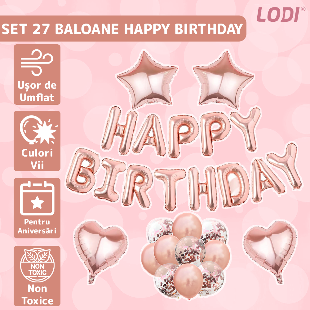Set 27 Baloane Lodi757, Litere, pentru Petreceri/Aniversari/Evenimente, confetti, stelute, inimioare, model HAPPY BIRTHDAY, rose gold