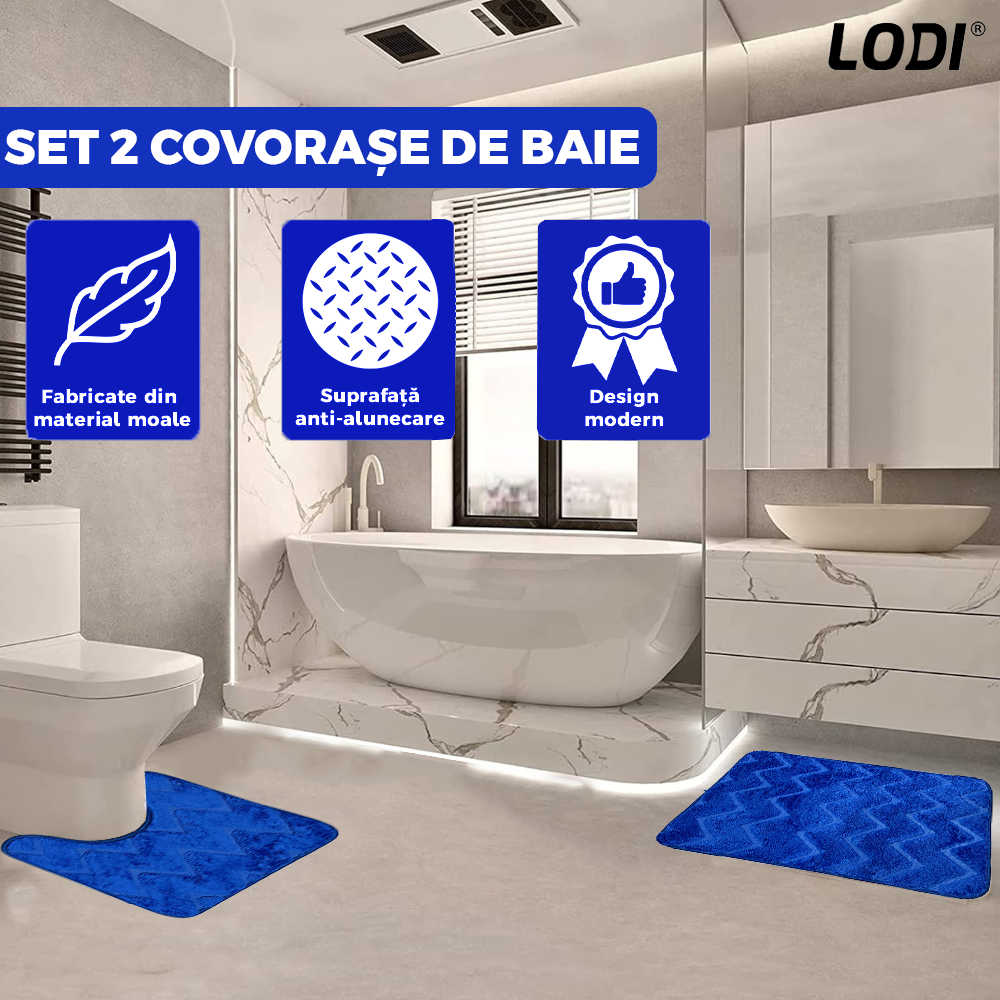 Set 2 Covorase de Baie Lodi1012, anti-derapante, material moale, design modern, model triungiuri, 80x50 & 50x40cm, albastru regal