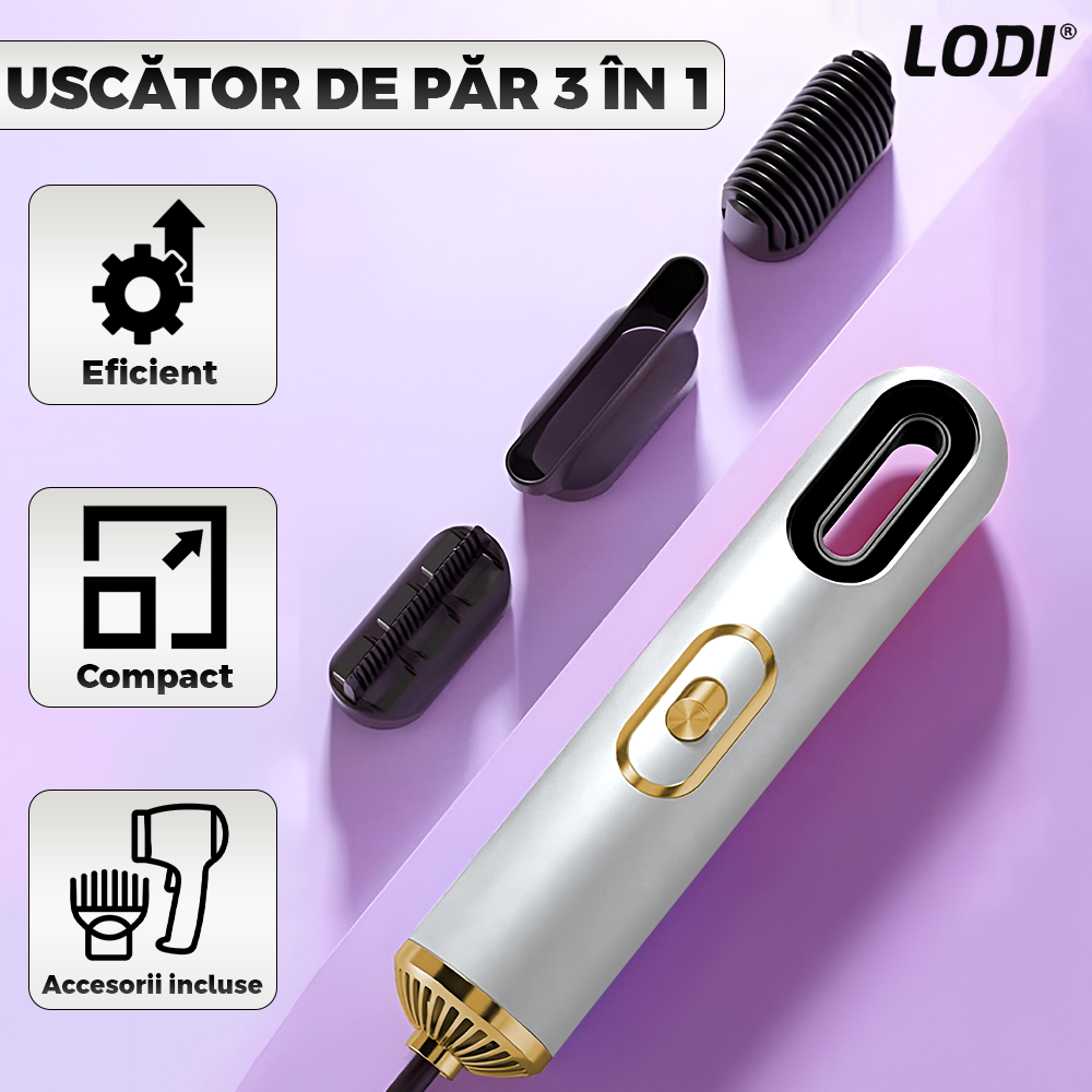 Uscator Profesional de Par 3 in 1 Lodi1084, aparat multifunctional coafare si uscare, 3 accesorii incluse, 1200W, alb