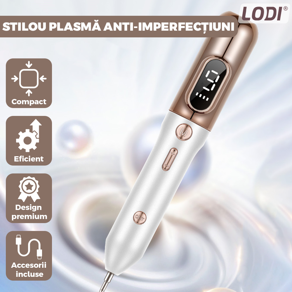 Aparat Plasma Pen Lodi524, 9 viteze, 5 ace de schimb incluse, indepartarea alunite, pete, negi, cicatrici, tatuaje, pistrui, lifting pleoape, afisaj LCD, auriu