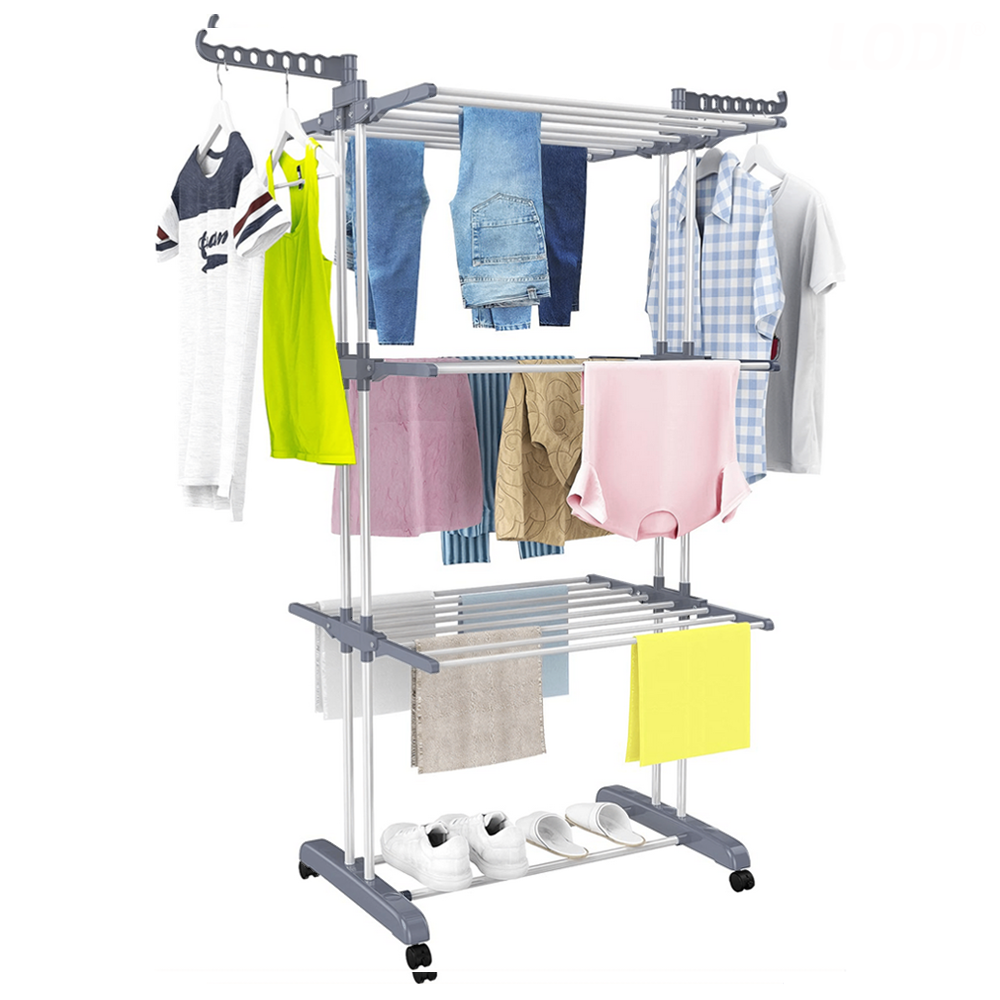 Uscator Vertical pentru Rufe si Haine Lodi1512, 3 niveluri, mobil, pliabil, pentru spatii mici, suport umerase, cadru rezistent, inaltime 175cm, gri