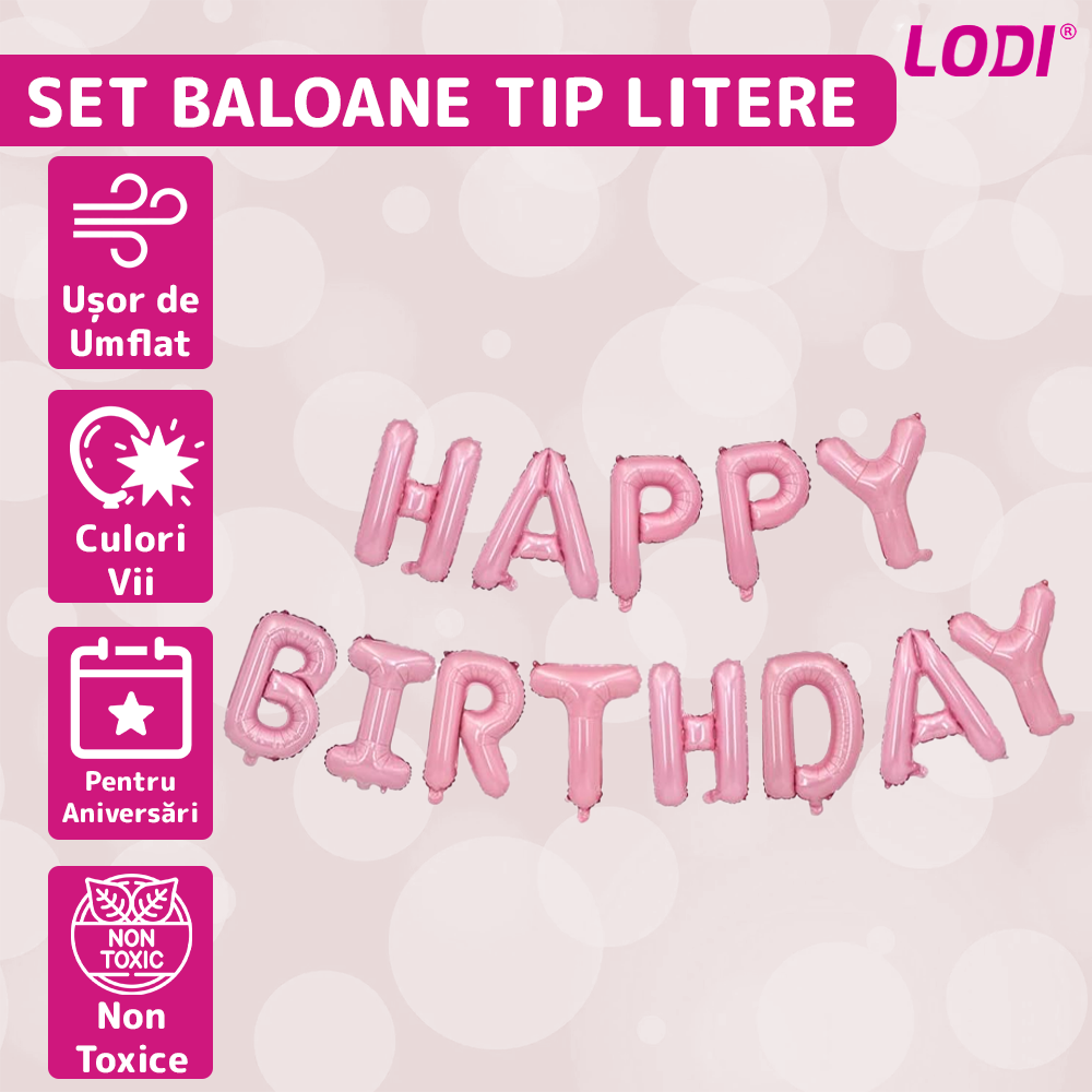 Set 13 Baloane Lodi716, Litere, pentru Petreceri/Aniversari/Evenimente, model HAPPY BIRTHDAY, rose